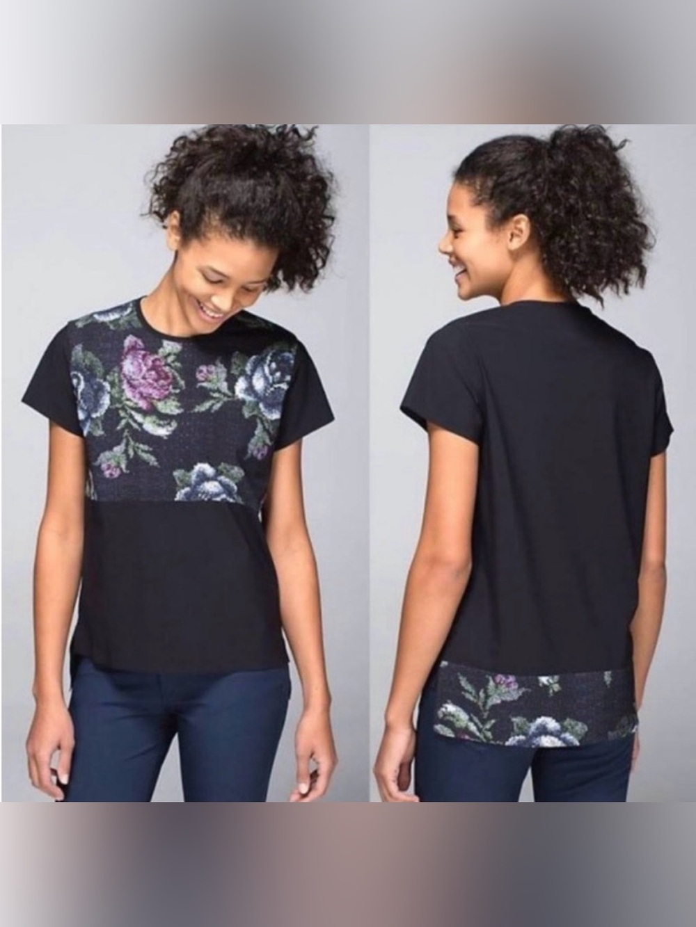 Lululemon Garden Party Snapshot Tee Black Floral Large Short Sleeve Shirt
